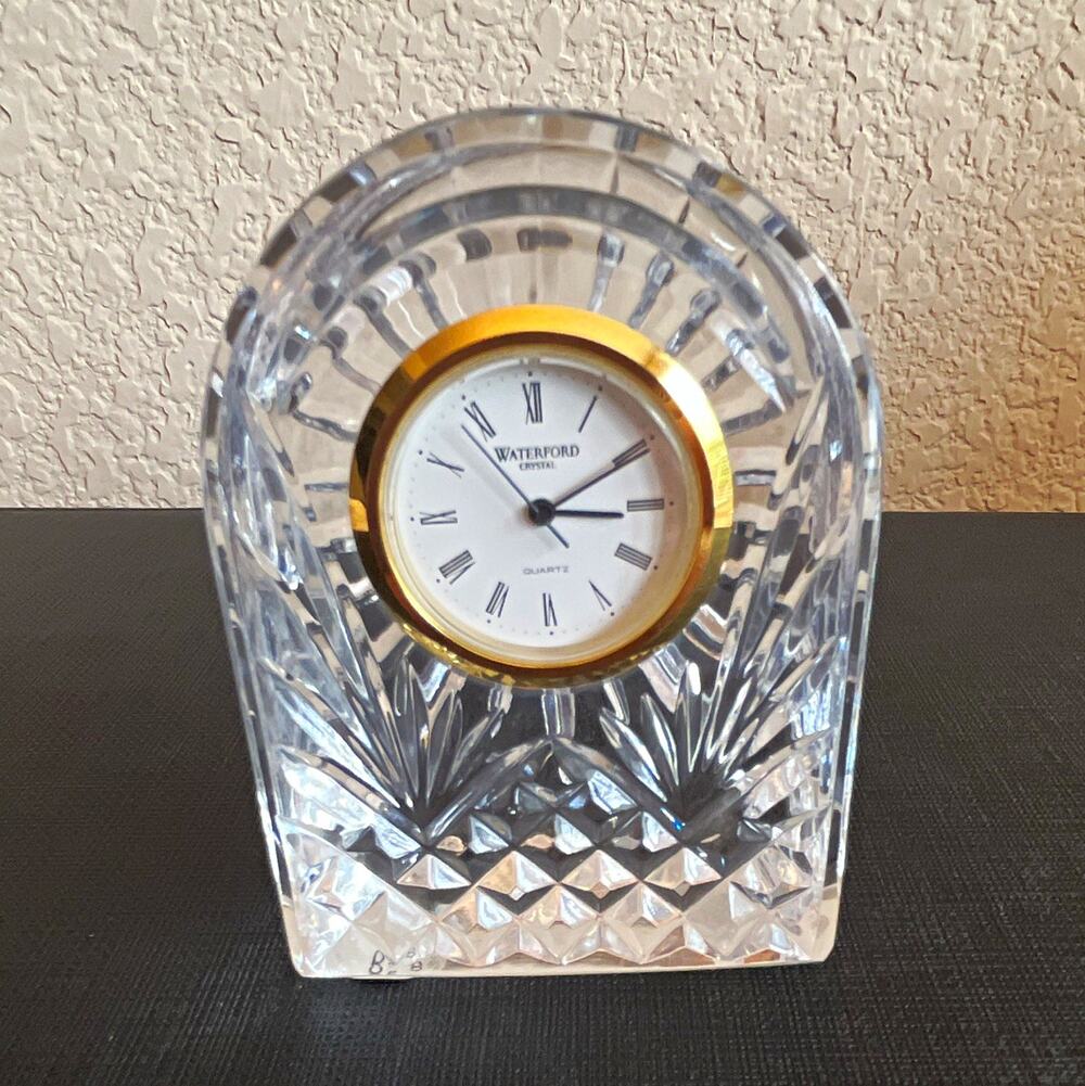 Waterford Crystal Arch Desk Clock Quartz Analog Roman Numerals Clear Gold
